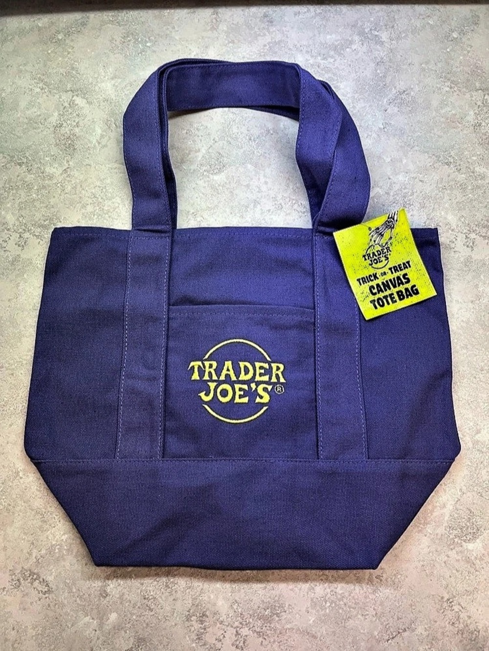 Trader Joe's Trick-or-Treat Mini Canvas Tote Bag Purple & Yellow